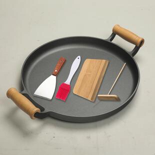 铸烙饼锅煎饼锅家用无涂层不锅双耳木柄手抓饼煎铁饼粘子工具煎果