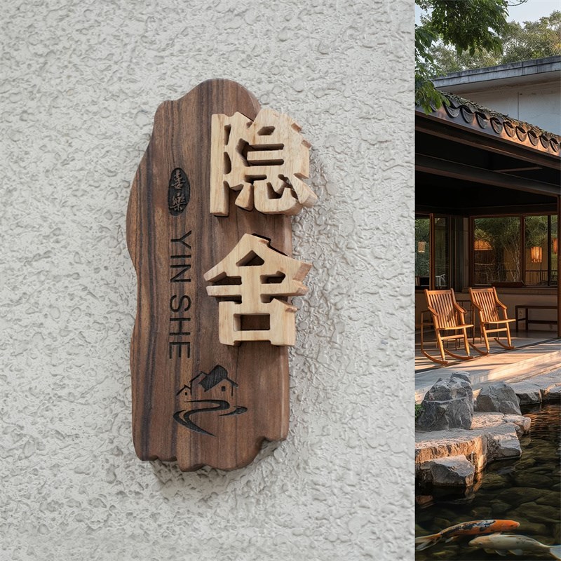 高档实木门牌木牌镶n嵌刻字民宿家用复古雕刻门牌定制DIY小院招牌
