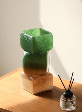 法式饰中古几何方块玻璃FT535Z奢花瓶摆件轻高级感花客厅桌面插花