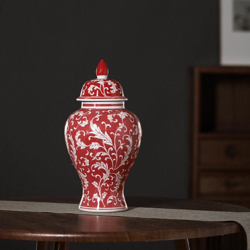 新年大红色陶瓷花瓶饰高级手红色花瓶感插绘花花瓶家居装摆件青花