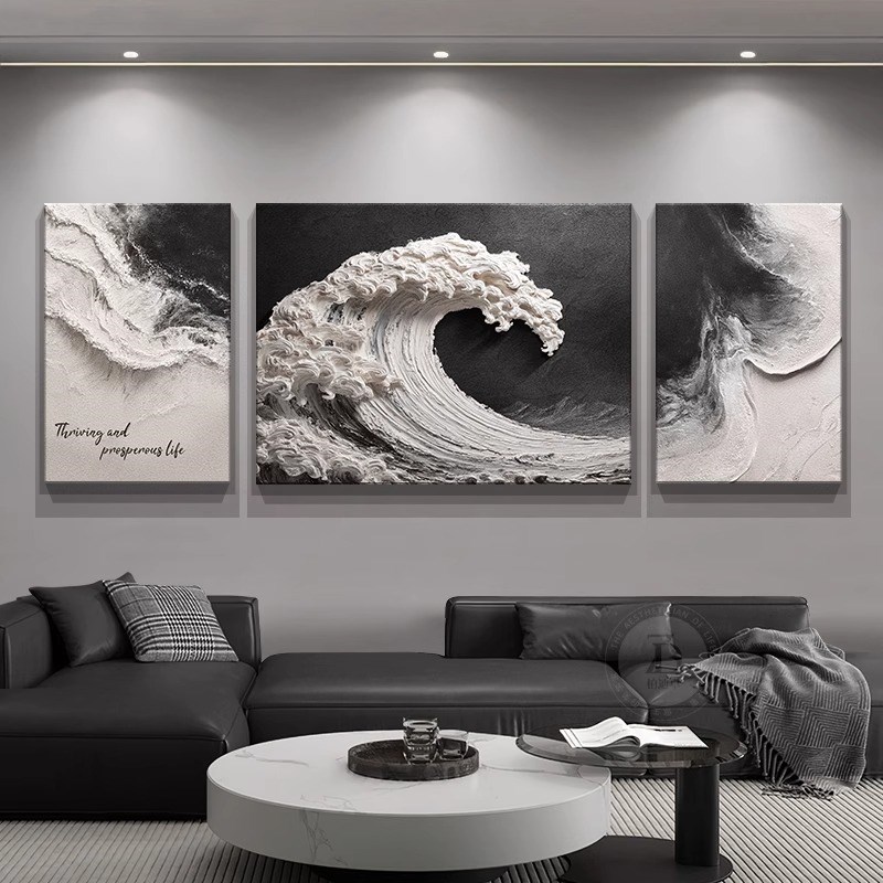 风声水起客厅装饰画浮雕立体感沙发背景墙挂画高级感黑白灰墙壁画图片