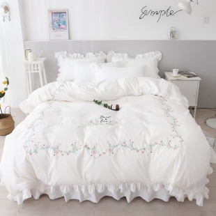 网红荷叶边白色四件套床裙少女心全棉公主风床单被套床上用品