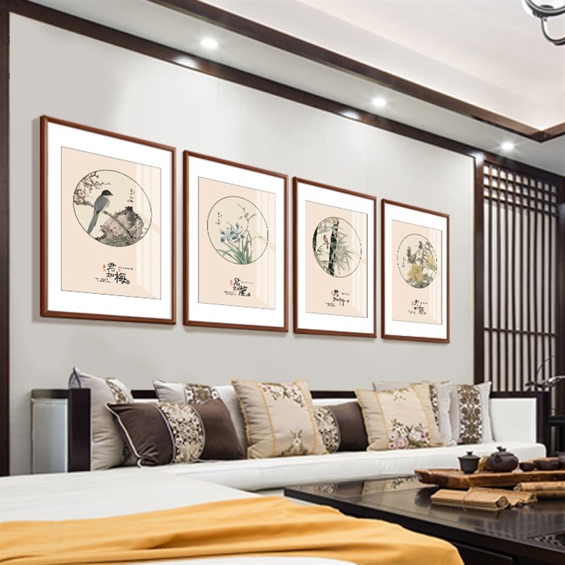新中式正方形装饰画梅兰竹菊挂画客厅背景墙餐厅画玄关画过道走廊图片