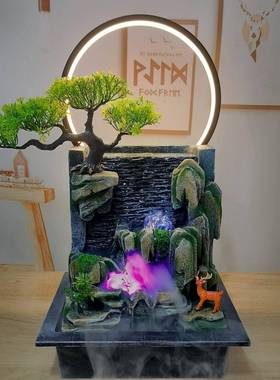 假流水喷摆件含灯泉圈加湿器水幕墙循环山景观客厅KEC公办室装饰