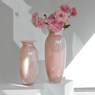 新感中式琉璃粉色云雾纹级理轻奢高中花古瓶客VSK厅插花软装摆件