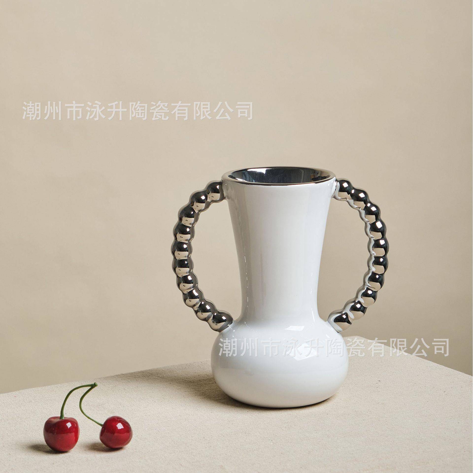 法式轻居奢珠珍手柄陶瓷FS14718客花瓶高级感白色奶油风插花器厅