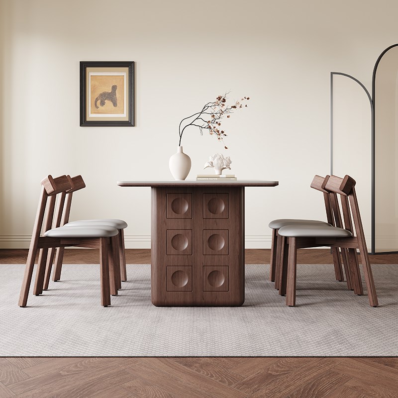 中古风实木餐桌现代简约胡桃色家用新款复古长方形Y木纹岩板餐桌