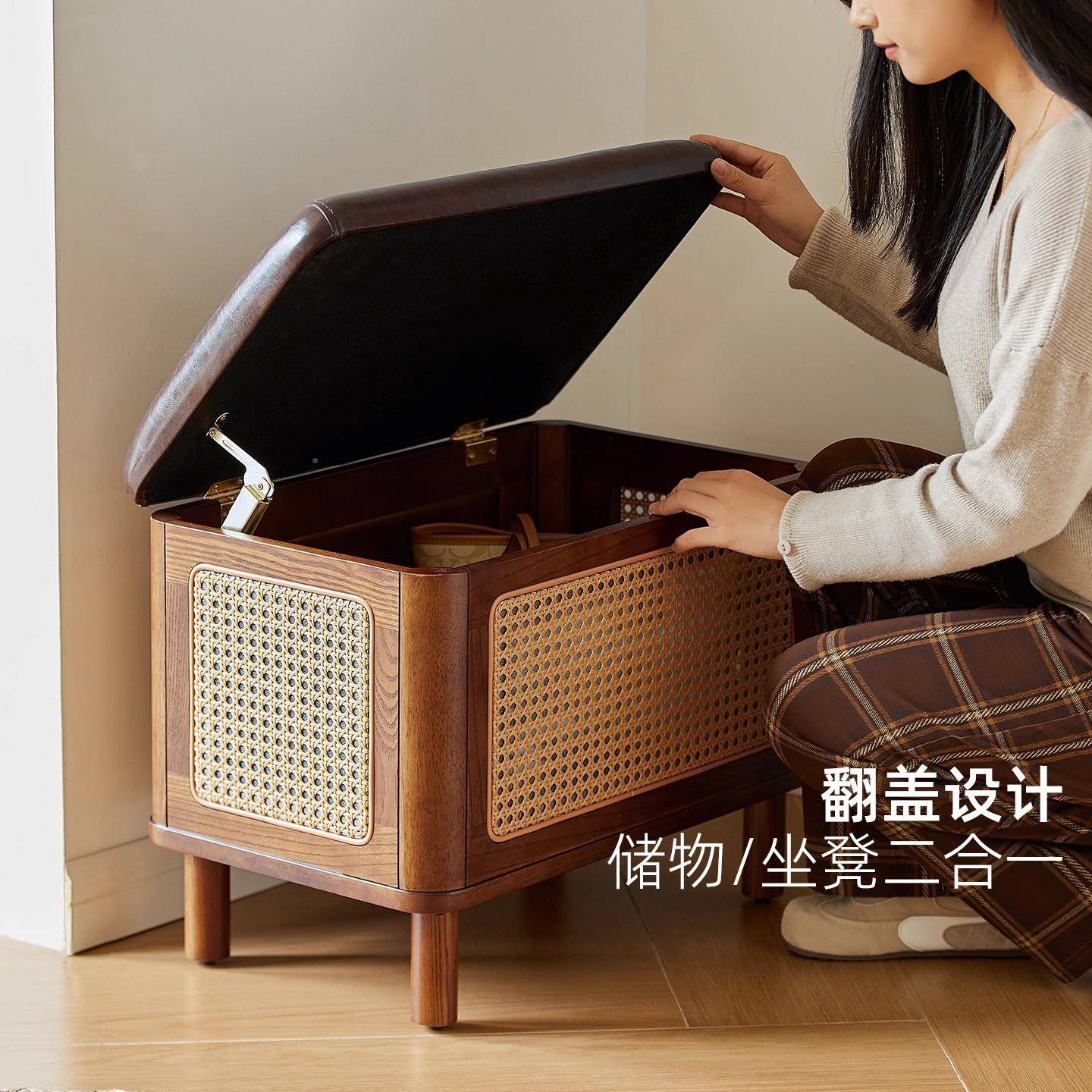入户玄关实木鞋凳口软包穿鞋凳藤换可编储物长条凳门一392体坐可