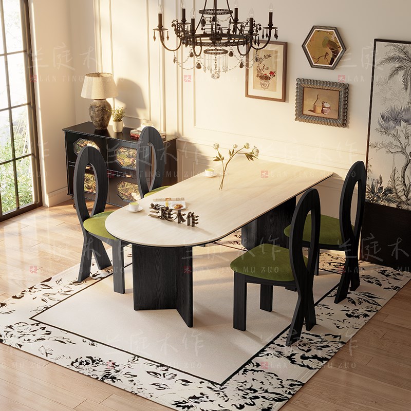 中古风岩板洞石法式餐桌家v用小户型轻奢奶油半圆半岛形餐桌子客