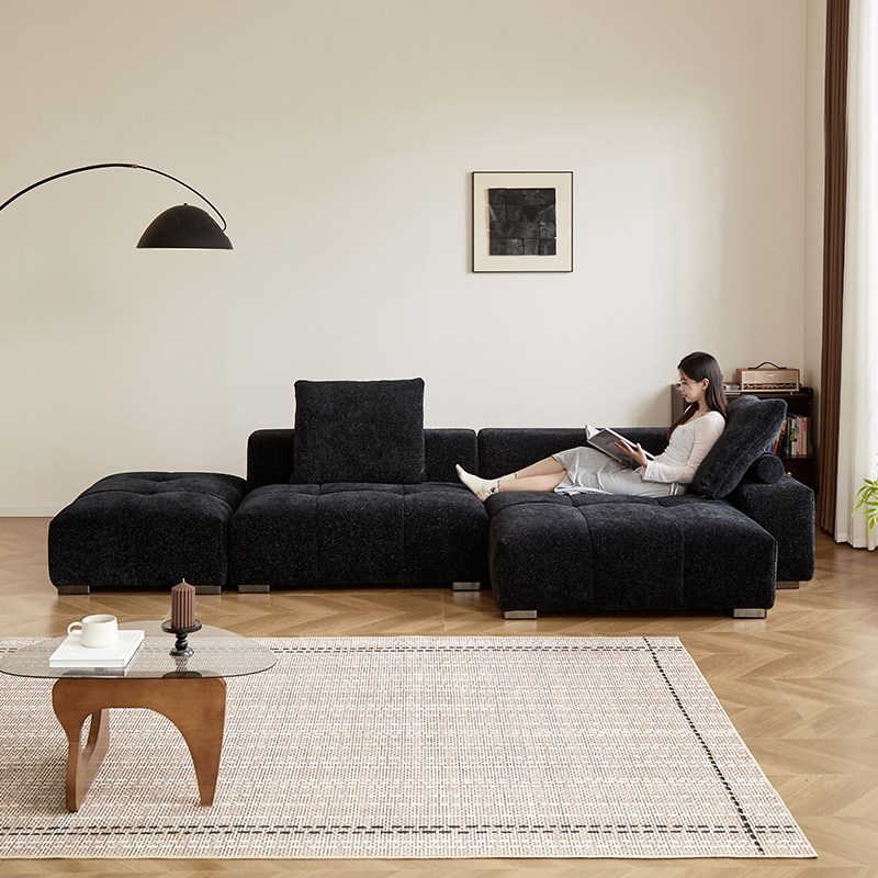 雪尼尔像素沙发黑色复古豆腐块单扶手转角组Q合简约现代客厅沙发