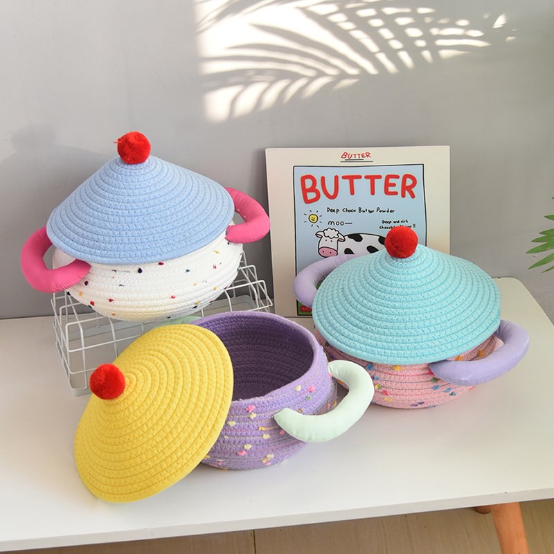 家居insd棉线编织收纳篮带盖可爱创意收纳筐多功能客厅装饰收纳盒