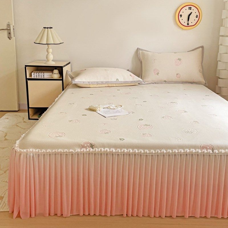 高端凉感豆豆凉席床裙款可机洗空调软席三件套公主风花边床罩席