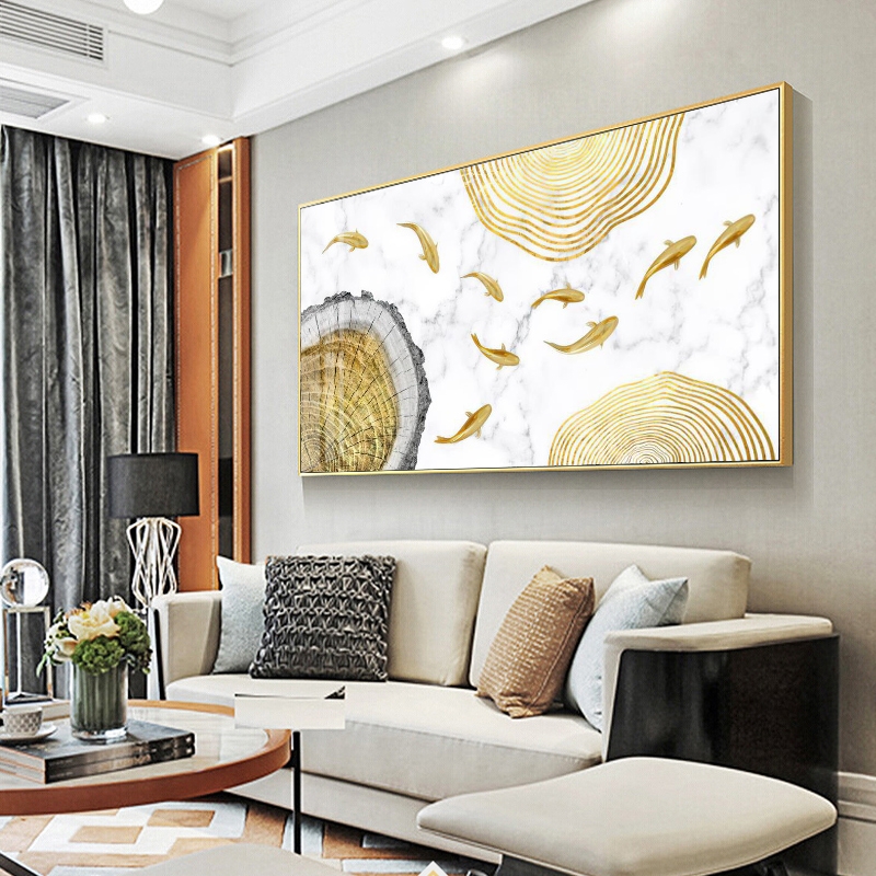 壁画客厅挂画沙发背景墙装饰画九鱼图横版长条一整幅落地大尺寸小