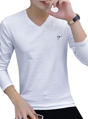 男士长袖td恤冬季2024春秋v领白色休闲内搭体桖秋衣打底体恤