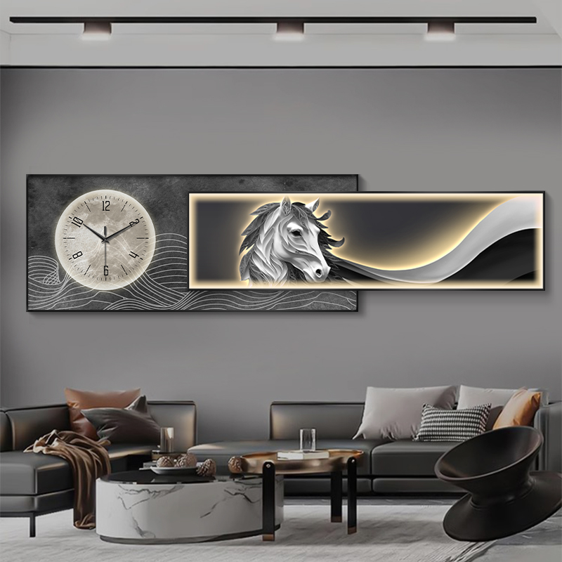 一马平川客厅装饰画带钟表led灯画沙发背景墙挂画办公室挂钟壁画