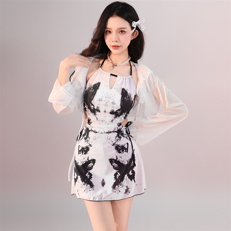 花房姑娘2025新款水墨风泳衣女连体裙式仙女范遮肚显瘦泡温泉泳装