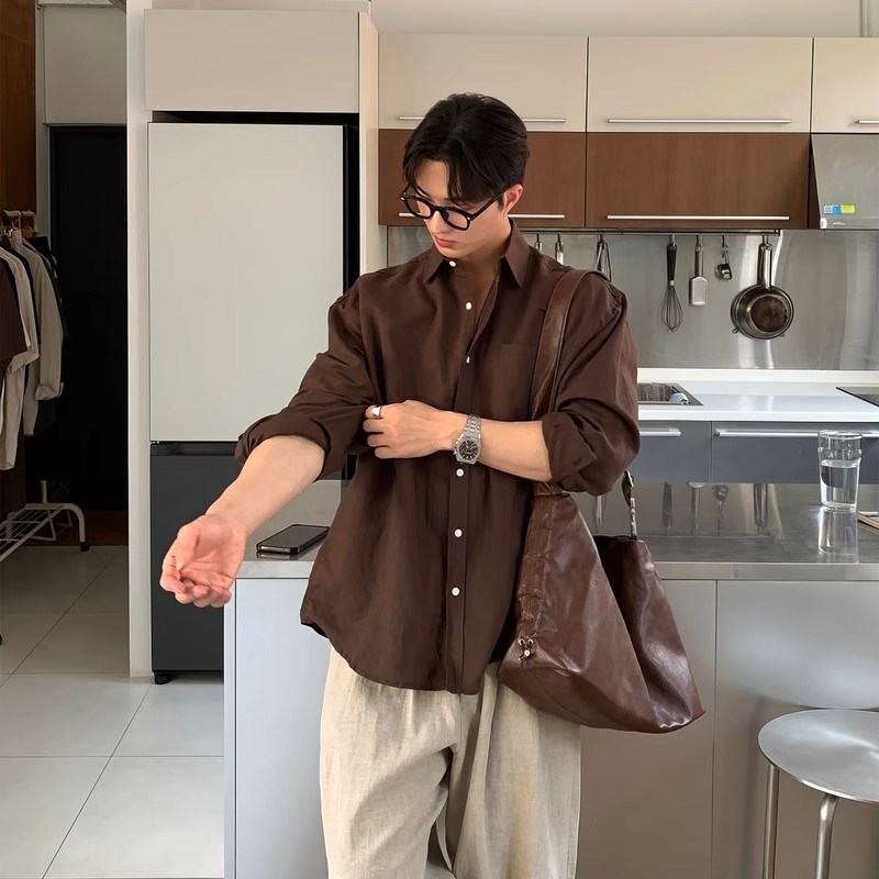 浅蓝色亚麻长袖衬衫男夏季韩版男友风高级感薄款透气度假防晒衬衣