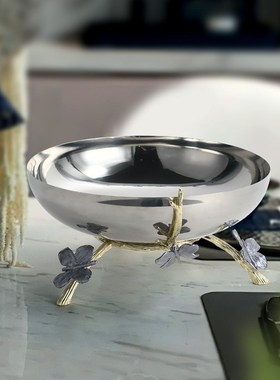 现代简约金属电镀银花瓶不锈钢托盘果盘摆件餐厅桌面样板房装饰品