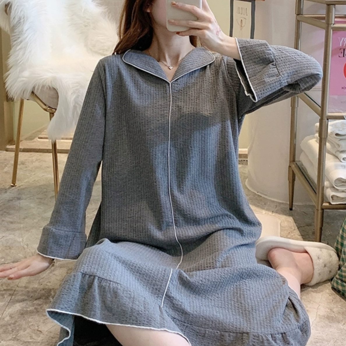 睡裙睡衣女春秋家居服纯棉韩版长袖可外穿纯色甜美可爱学生冬季夏