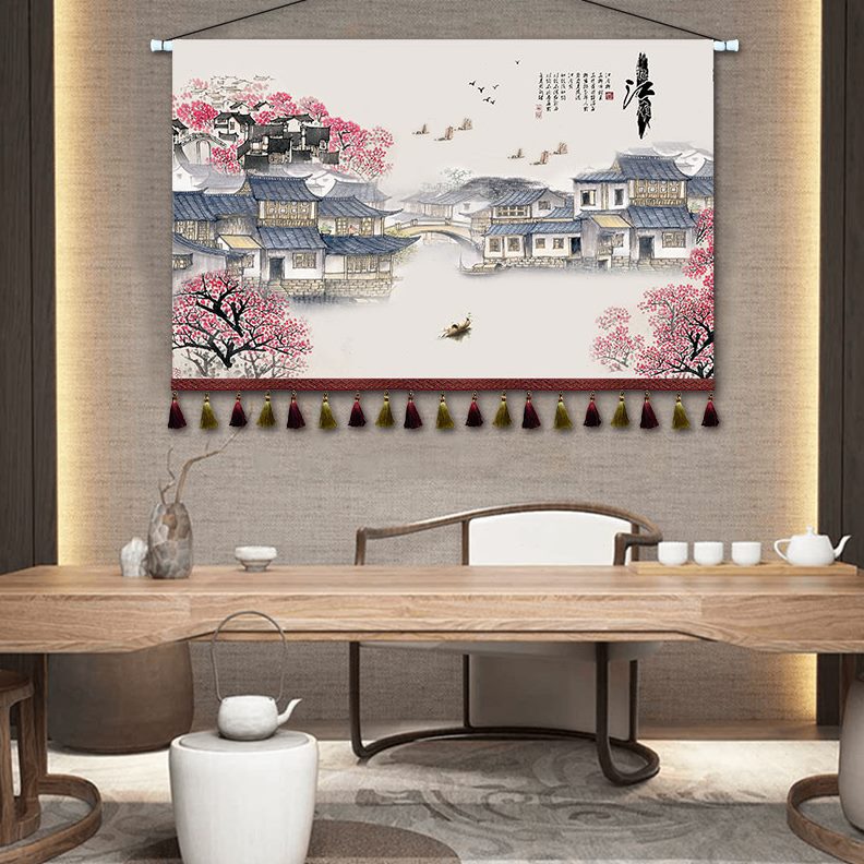 卧室床头装饰画挂画挂布挂毯沙发背景墙山水茶室定制中式水墨布艺图片