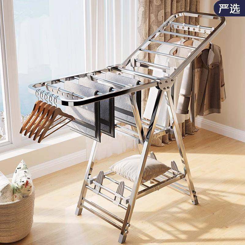 不锈钢落地架不锈钢晾折叠安免装阳用台家晾衣架翼形晒被子衣服神