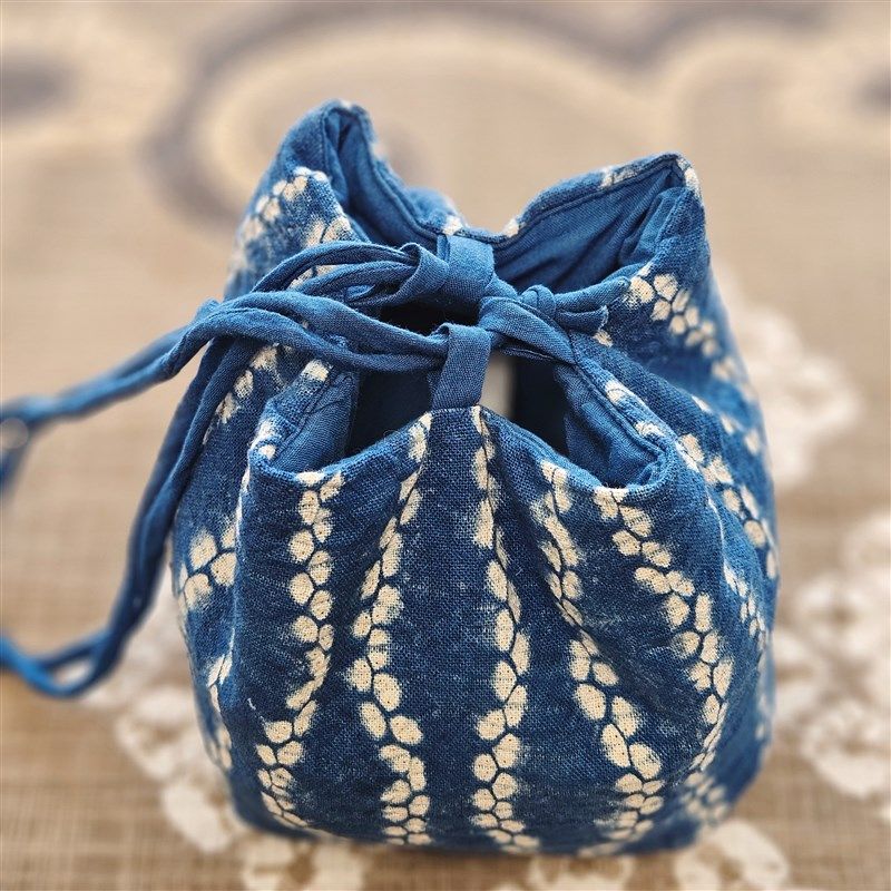 云南手工扎染草木蓝染双层夹棉茶具收纳包精致茶包抽绳一壶四杯