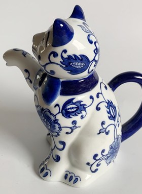 青花瓷卡通陶瓷动物茶壶下午茶咖啡壶猫咪壶凉水壶随手壶茶室摆件