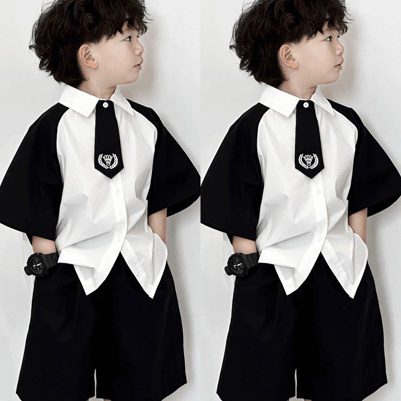 男童2024夏季新款儿童学院风黑白衬衫套装中小童简约个性两件套潮