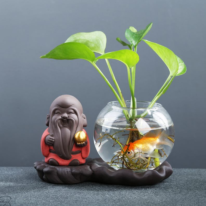 插中式花水培小彩禅意迷你茶宠台面办公室陶瓷花瓶摆件砂财神和尚