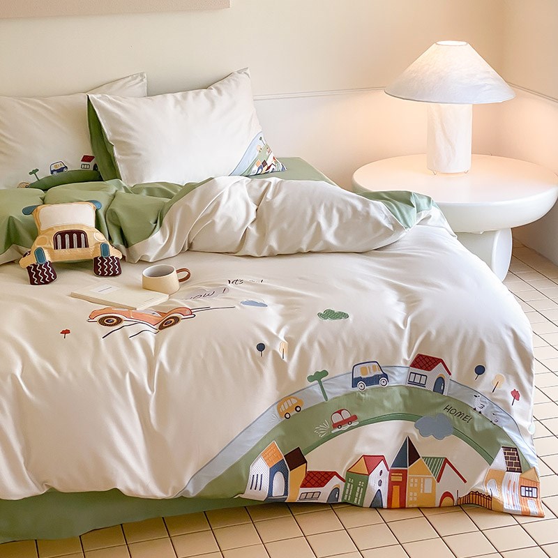 ins可爱卡通风120支澳棉四件套纯棉贴布绣棉被套床单儿童床上用品