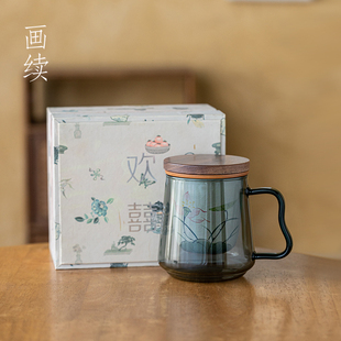手绘荷花泡茶杯茶水分离陶瓷内胆办公室杯子过滤马克杯玻璃带把