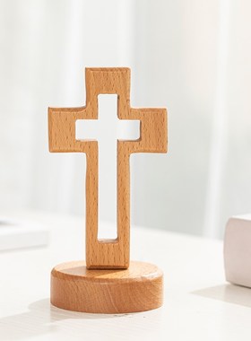 镂空十字架摆件实木摆台高14cm客厅装饰桌面W榉木木质十架