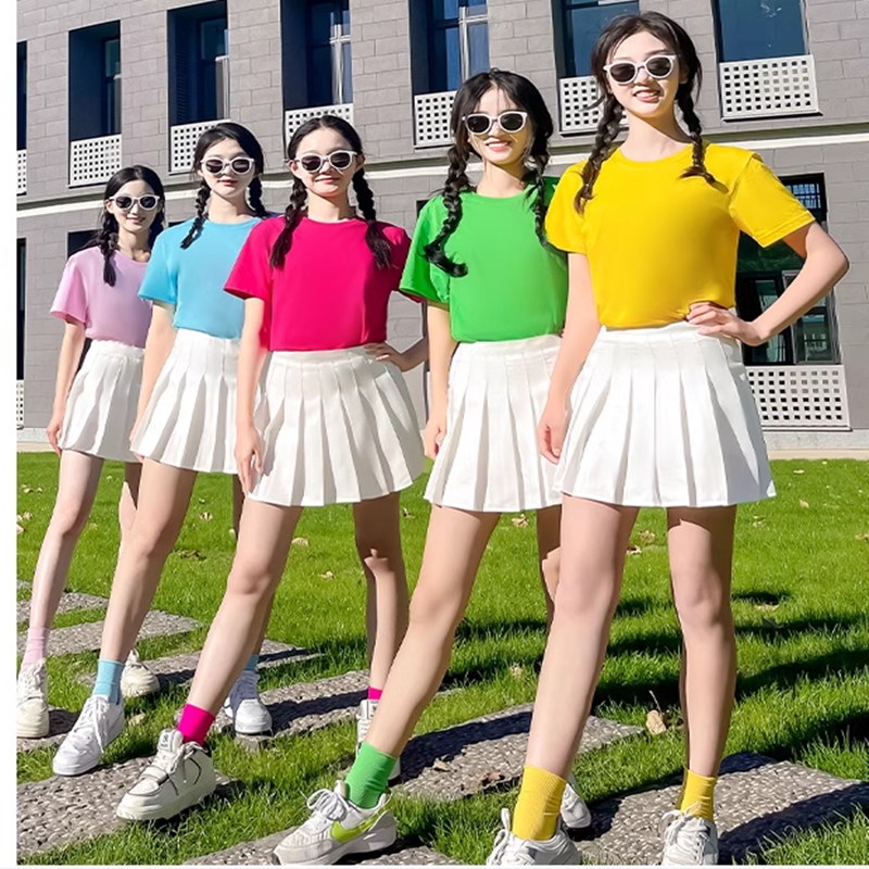 糖果色百褶裙套装夏季啦啦操演出拉拉队表演运动会毕业季闺蜜服装