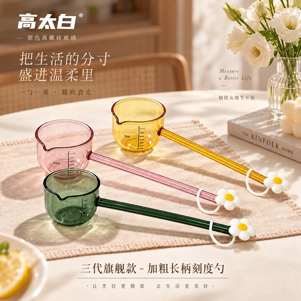 高太白长柄耐高温玻璃汤勺图片