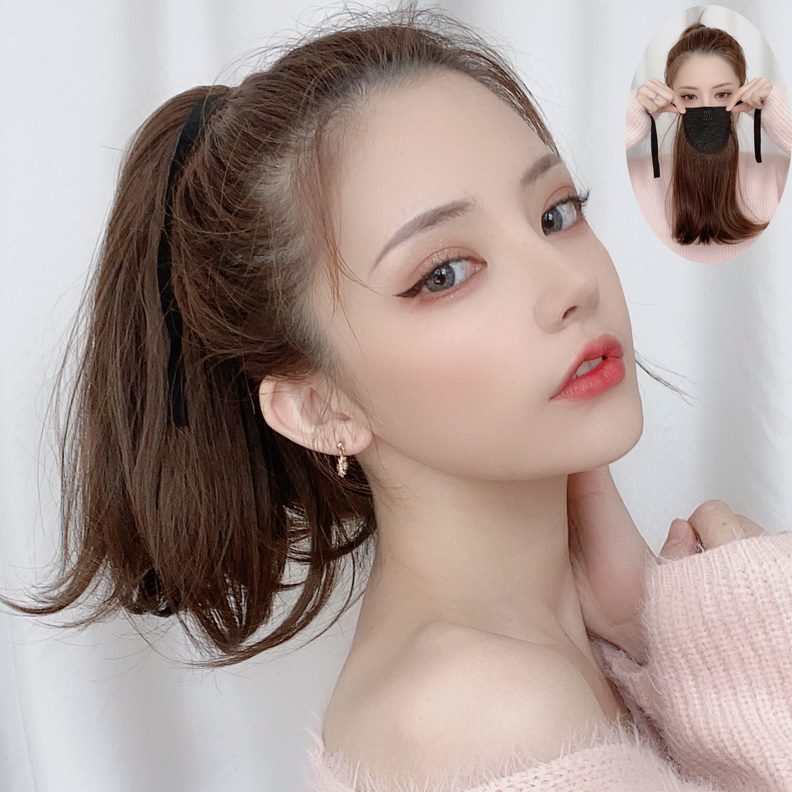绑带式网红马尾假发女长直发辫短款微卷自然逼假马尾子外翻真发尾