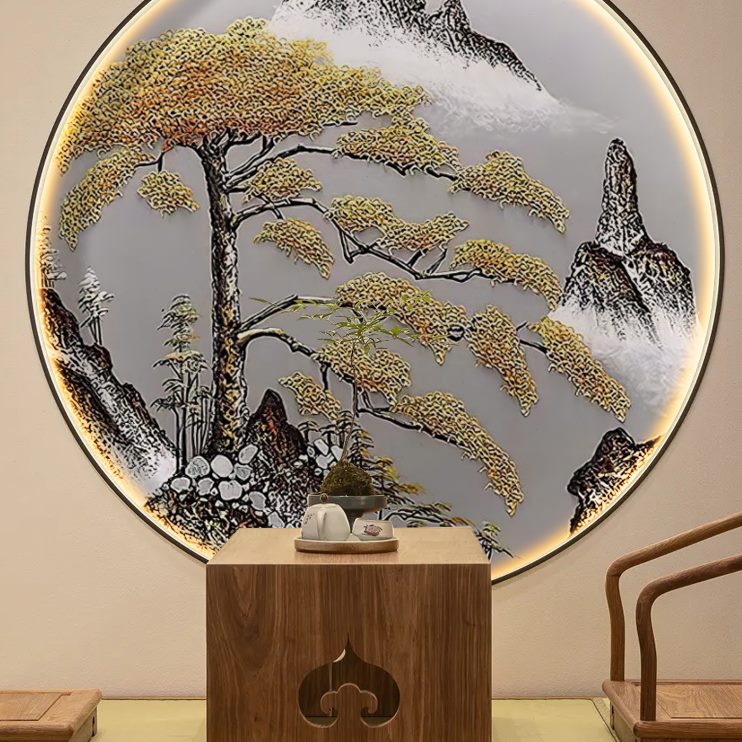 圆形玄关装饰画新中式书房高端迎客松茶室高档壁画墙纸壁纸画山水图片