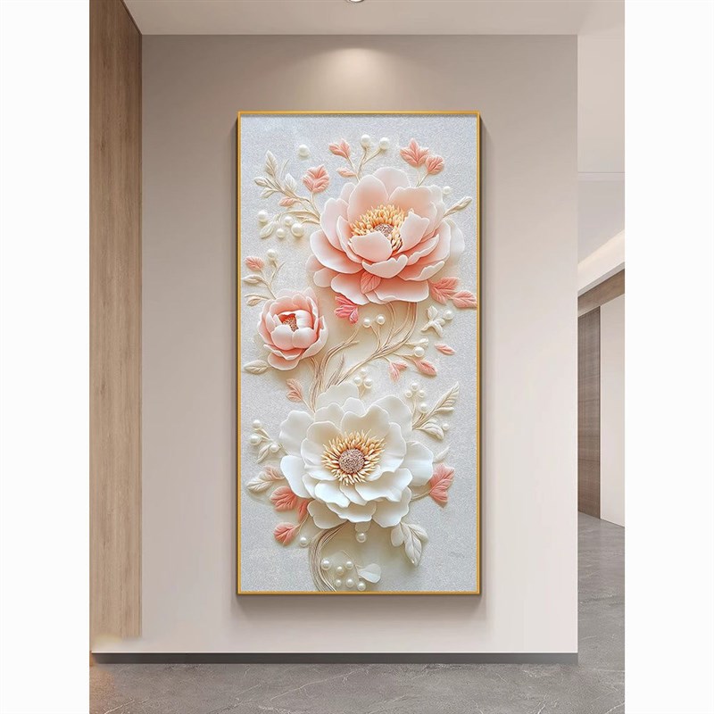 奶油风牡丹花玄关挂画开门正对墙客厅装饰画花开富贵走廊过道壁画