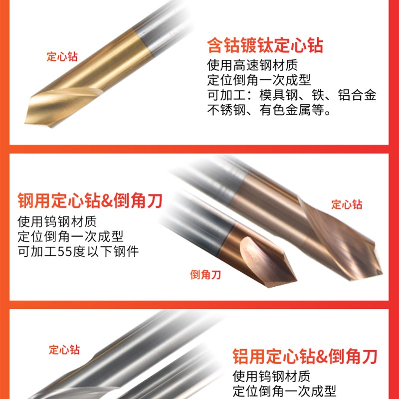 碳化钨钢中定心钻&倒角刀 中心定位铝用加工不锈钢件耐磨纳米涂层