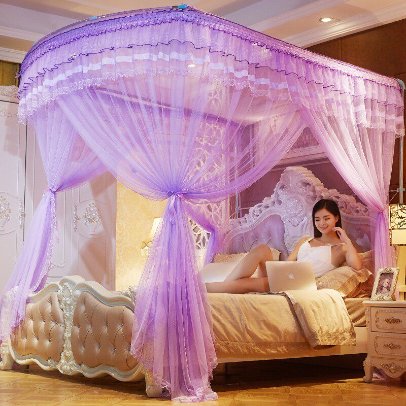 伸缩蚊帐U型支架加密加厚1.5米1.8m床落地家用公主风1.2m纹账2.0m