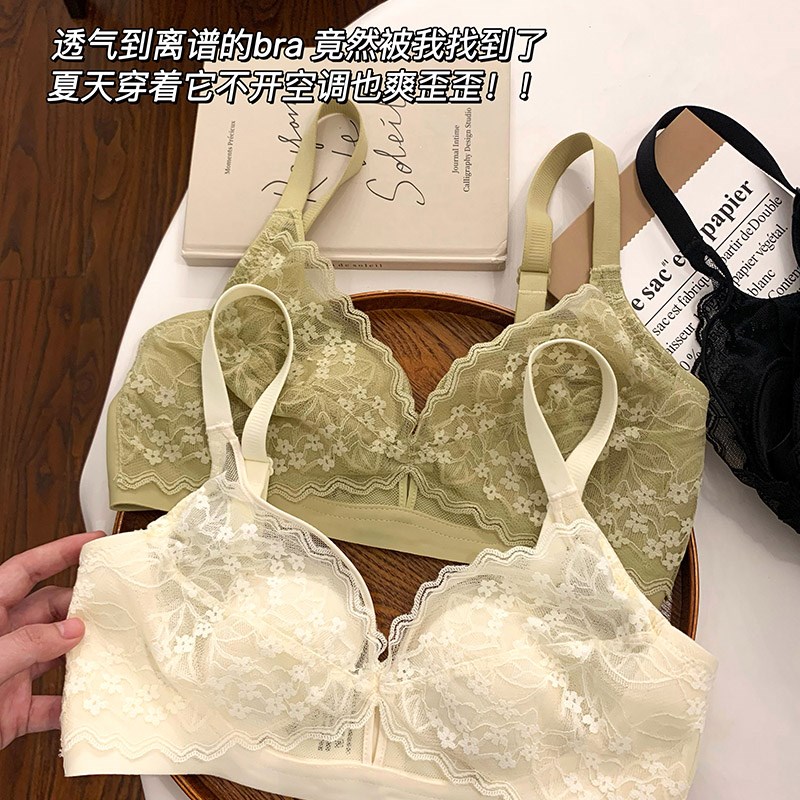 蕾丝内衣女大学生法式聚拢文胸大胸显小无钢圈夏季薄款收副乳胸罩