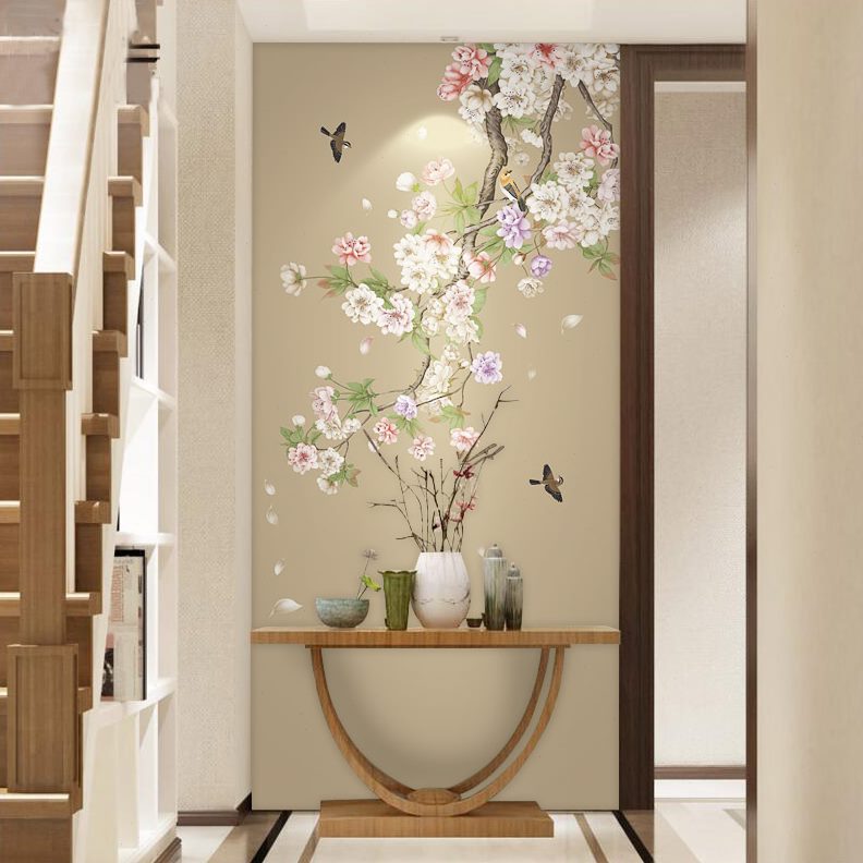 过道中式墙布定制壁画走廊鸟玄关墙墙纸花简约影视电视背景墙壁纸