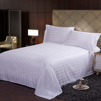 布贡缎白色四件套名宿宾馆缎条高档草纯棉床单三件套酒店纯色全棉
