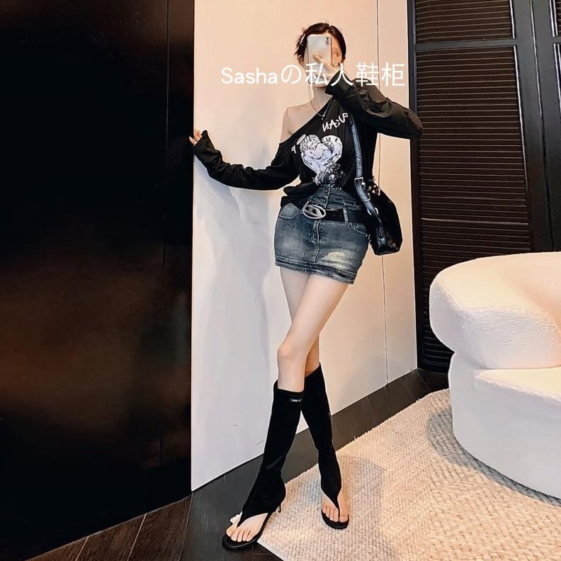 高筒夏季薄款辣妹高跟显瘦长靴女小众设计字网红脚趾凉靴人夹镂空