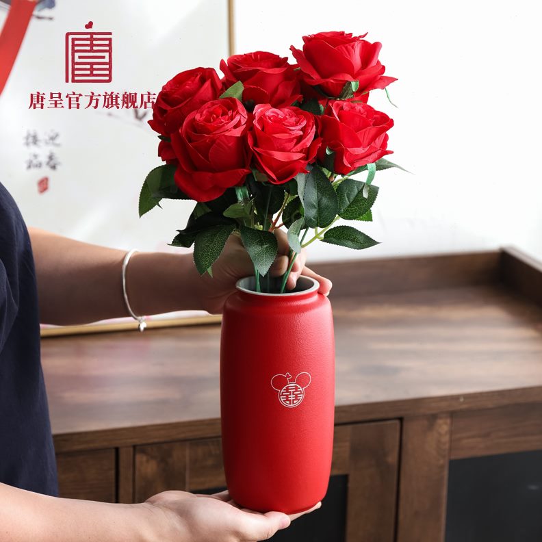 唐呈庆婚陶瓷中国红色结婚礼物家居插花装饰品喜花瓶摆件餐桌客厅