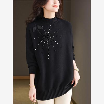 加肥加大码慵懒风羊毛衫女秋冬胖妈妈半高领毛衣遮屁股针织打底衫