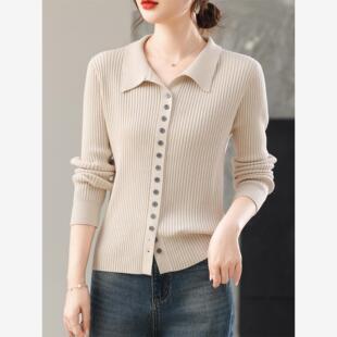 中年妈妈春秋新款翻领针织开衫女装宽松大码洋气上衣薄款毛衣外套