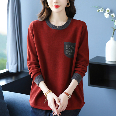 中年妈妈羊毛针织衫女圆领毛衣时尚秋冬加肥加大码遮肚休闲打底衫