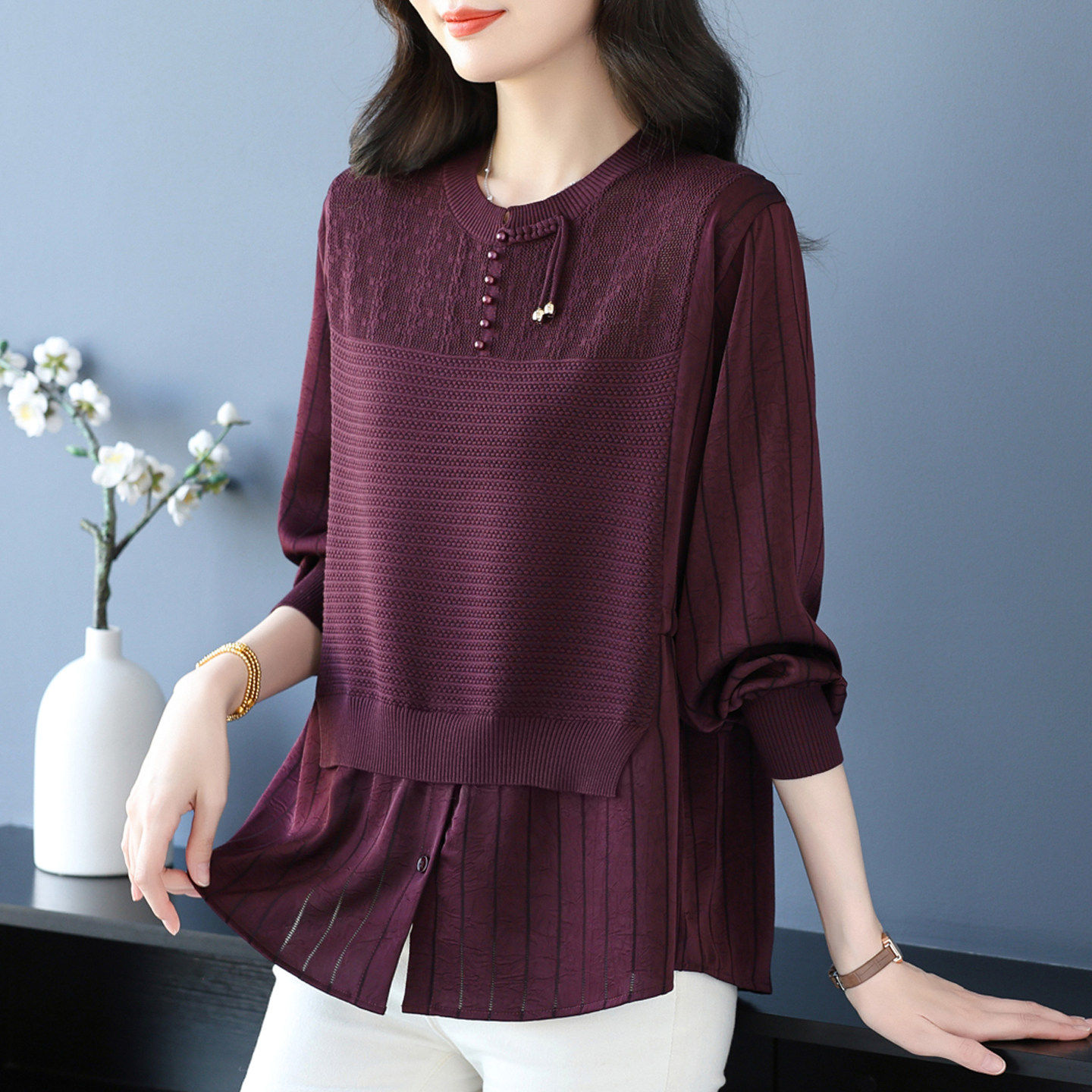 中年妈妈装春秋新款洋派假两件针织衫女宽松大尺码显瘦遮肚上衣T