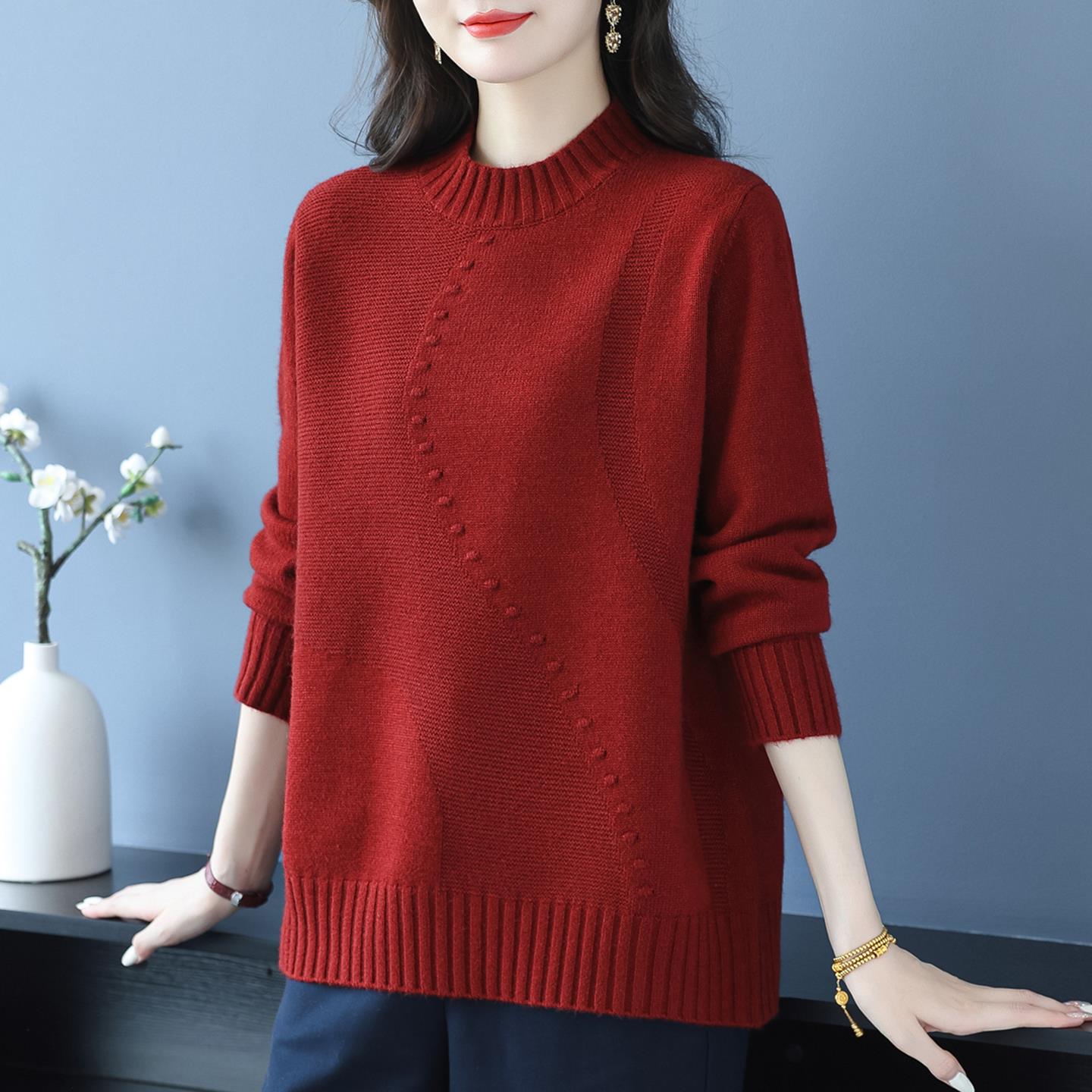 妈妈装秋冬新款半高领羊毛衫女特大码内搭上衣宽松针织毛衣打底衫