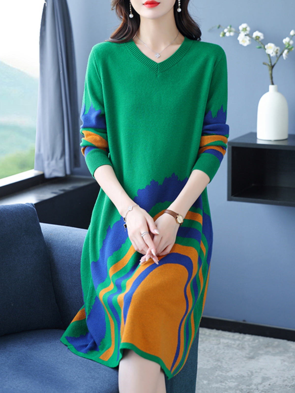 加大码妈妈装羊毛针织连衣裙女胖mm200斤秋冬中长款打底毛衣裙子
